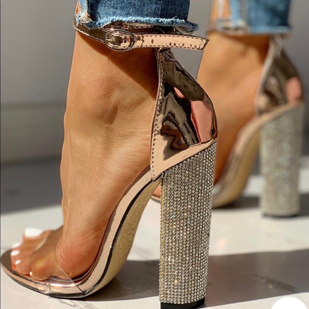 Diamanté Trim Ankle Strap Chunky Heels
